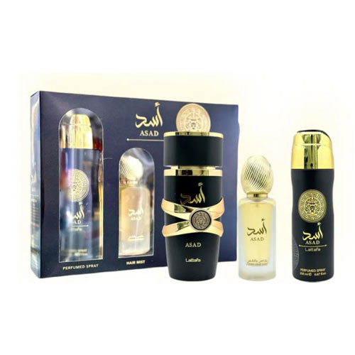 SET LATTAFA ASAD ( 3 PC )3.4 OZ EDP / 6.7 OZ DEO / 1.7 OZ HAIRMIST
