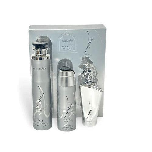 SET LATTAFA MAAHIR LEGACY ( 3 PC )3.4 OZ EDP / 6.76 OZ DEO / 1.7 OZ  AIR FRESHNER
