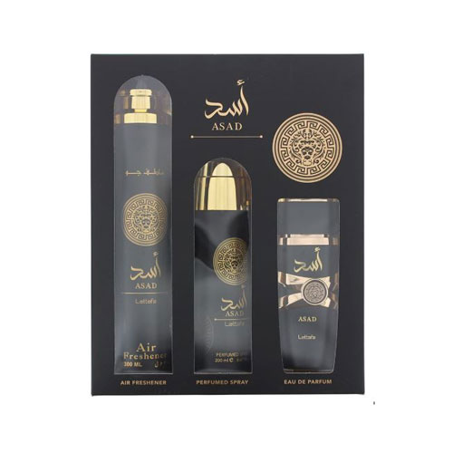 SET LATTAFA ASAD MEN ( 3PC ) 3.4 OZ EDP / 6.67 OZ  DEO / 10.14 AIR FRESHENER